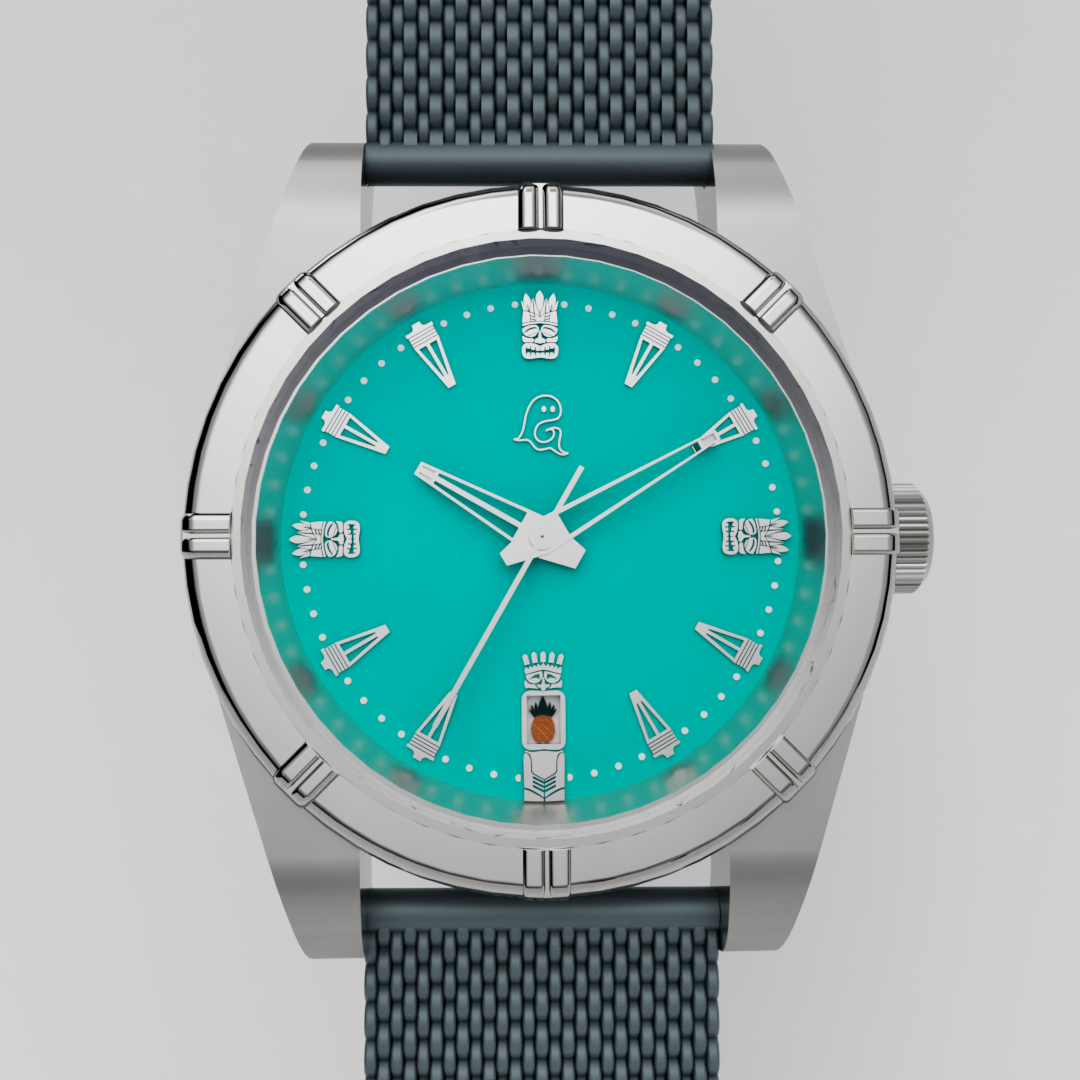 Tiki themed watch with blue dial and grey strap on a light grey background