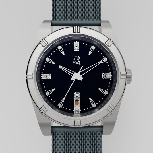 Tiki themed watch with black face and gray strap on a light gray background