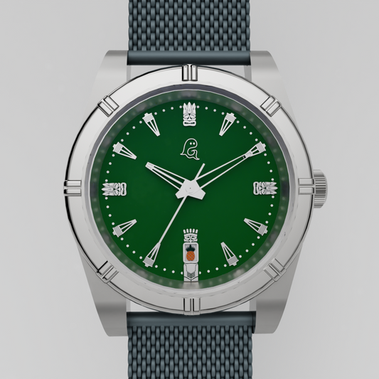 Tiki themed watch with green dial and grey strap on light gray background
