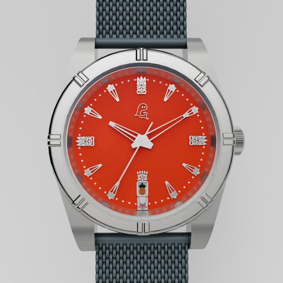 Tiki themed wristwatch with orange dial and gray strap on a light gray background