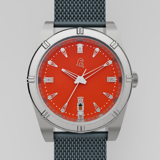 Tiki themed wristwatch with orange dial and gray strap on a light gray background