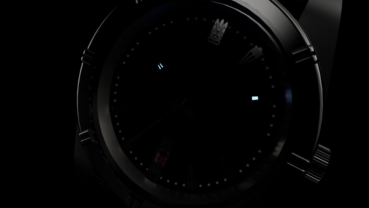 Close-up of a black watch face with detailed design on a black background, showcasing the blue BGW9 lume on the hands