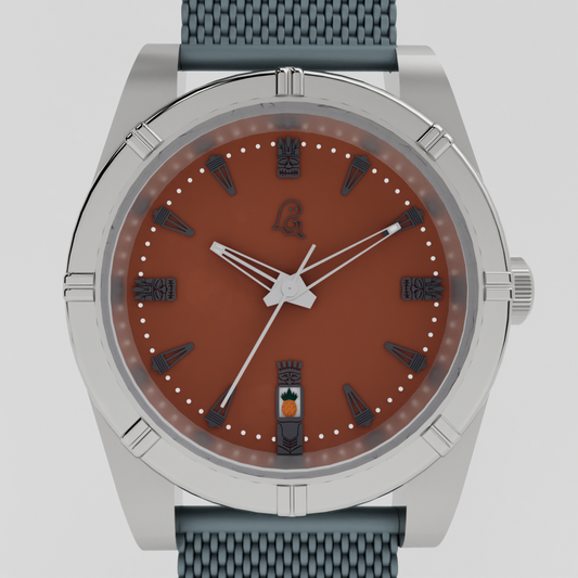 Tiki themed watch with brown face and gray strap on a light gray background