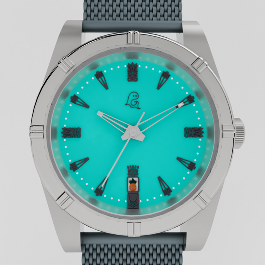 Tiki themed watch with blue face and gray strap on a light gray background