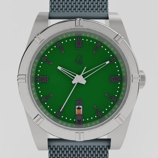 Tiki themed watch with green face and gray strap on a light gray background