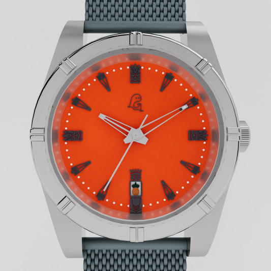 Tiki themed watch with orange face and gray strap on a light gray background