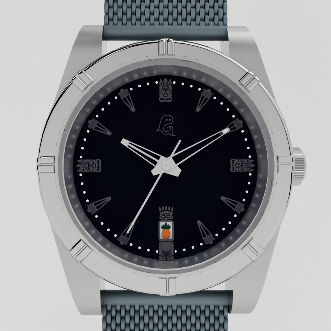 Tiki themed watch with black face and gray strap on a light gray background