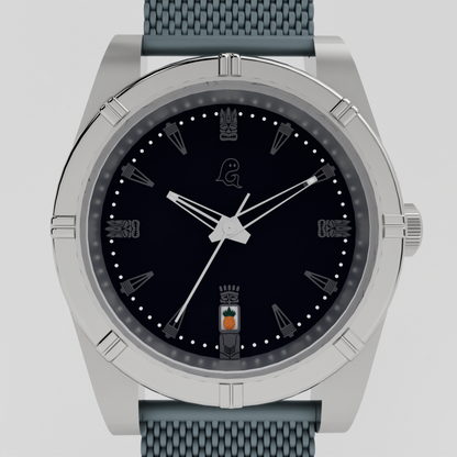 Tiki themed watch with black face and gray strap on a light gray background