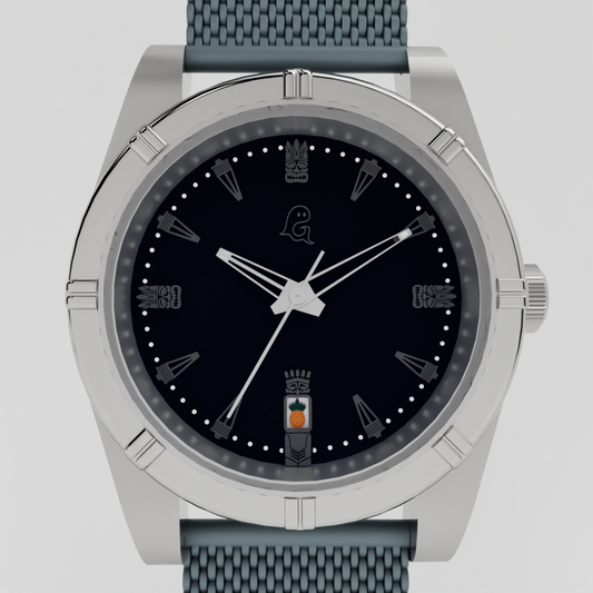 Tiki themed watch with black face and gray strap on a light gray background